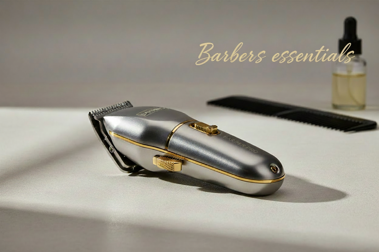 Barbers essentials comme mots écrit sur une photo de produit de barbier style clipper